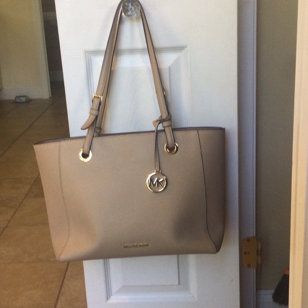 Michael Kors Beighe/Tan Leather Tote Satchel with gold MK charm